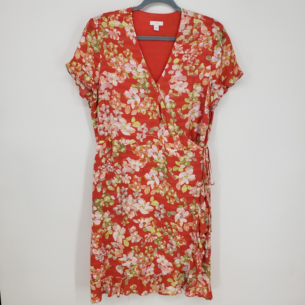 J Jill Floral Wrap Dress M Short Sleeve Ruffle Trim V Neck Short Poppy Red Green